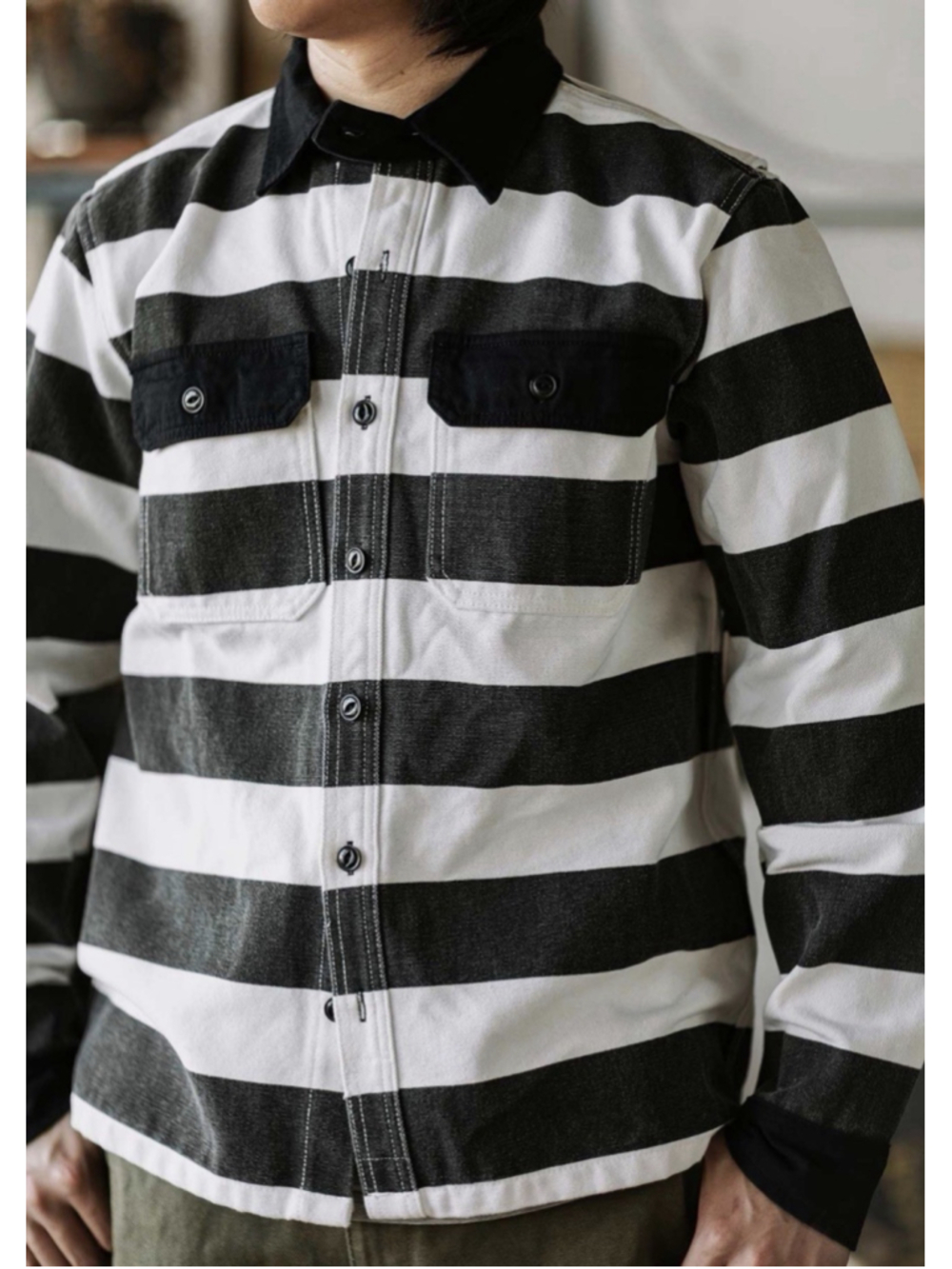 Men’s Vintage Style Biker Rider Jacket Retro Prisoner Striped Canvas Shirt Sz 4